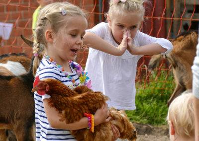 Fangen, auf den Arm nehmen und streicheln. Unsere Hühner lassen sich so einiges von den Kindern gefallen.